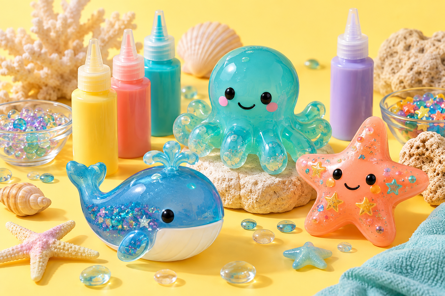 Colorful ocean creature sensory toys and creative gel bottles on a sunny yellow background